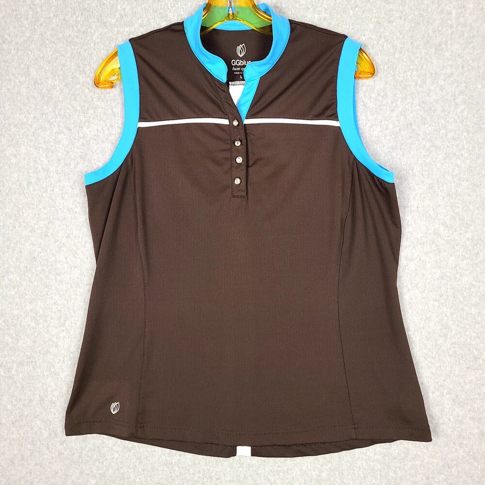 GG Blue Luxe Sport Brown Blue Polo Shirt Sleeveless Size L Poly Stretch Buttons